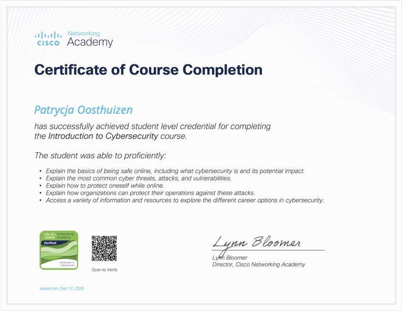 Patrycja's Cisco Networking Academy Cybersecurity certificate
